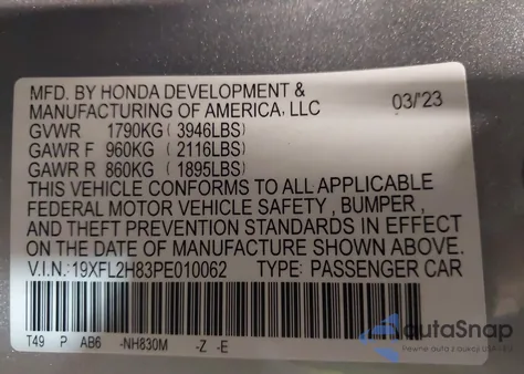 2023 Honda Civic Sport from USA, damaged, VIN 19XFL2H83PE010062